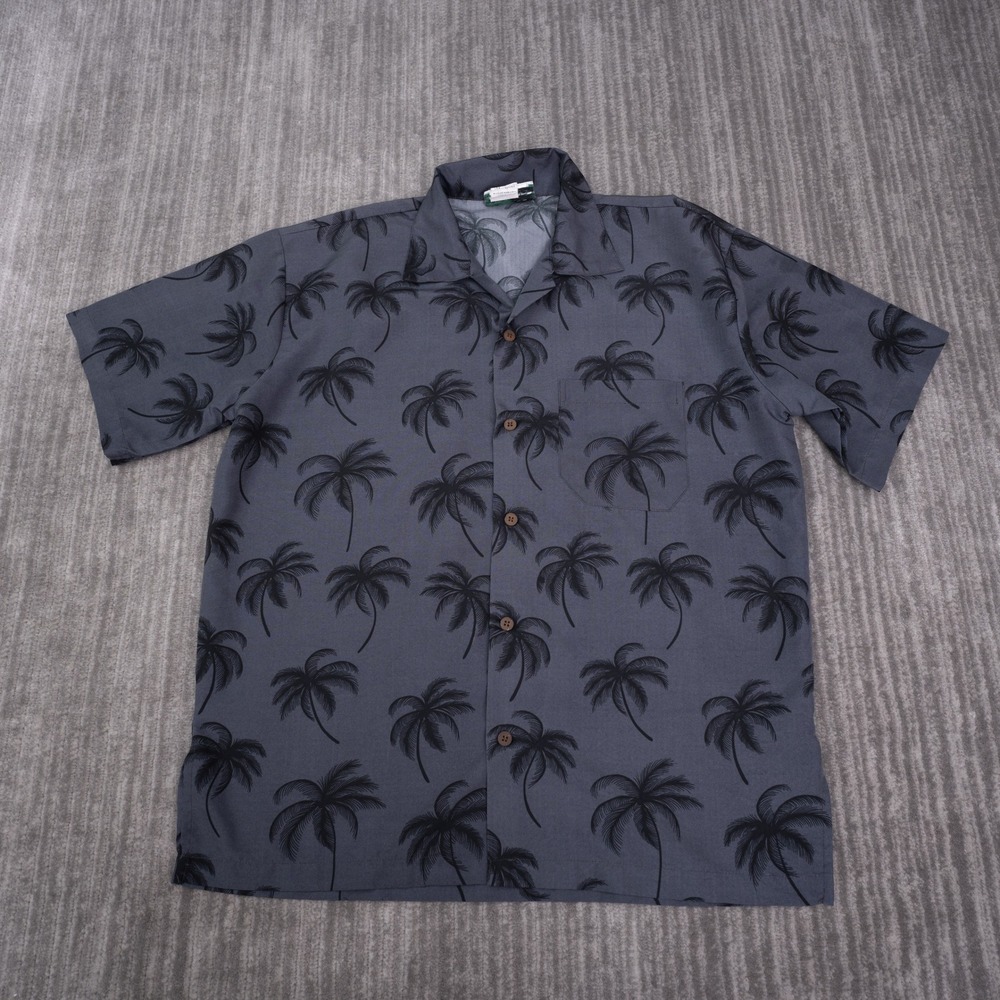 Makani Hawaiian Shirt Mens Medium Gray Palm Tree Print Microfiber Excellent